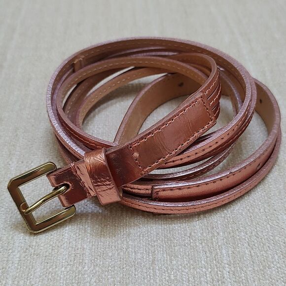 J. Crew Skinny Metallic Copper Leather Belt Square Brass Tone Buckle Size Large - Picture 1 of 10